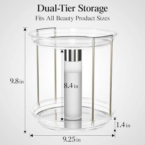 Delamu Rotating Makeup Organizer for Vanity, 2 Tier Bathroom Counter Organizer with Stackable Design, Spinning Skincare 