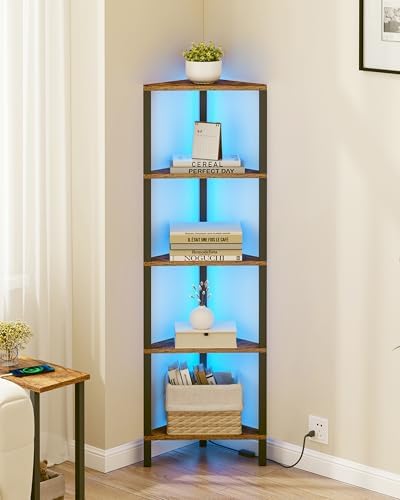 TUTOTAK Corner Shelf with LED Light, 5-Tier Corner Bookshelf