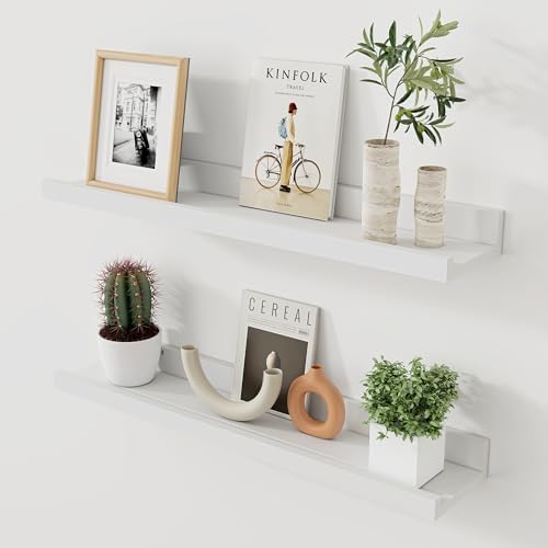 Acovy Floating Shelves for Wall, 24 inch Solid Wood Picture Ledge Shelf, Picture Shelf for Wall with Ledge, Floating Book Shelves for Living Room Bedroom Kitchen Nursery Decor, White, Set of 2
