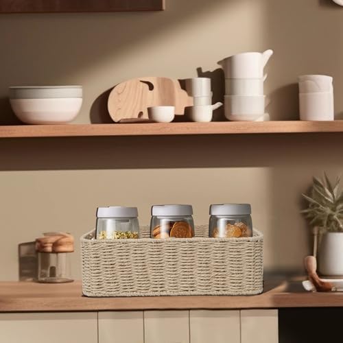 Rectangular Woven Paper Rope Storage Baskets for Shelves(Khaki)