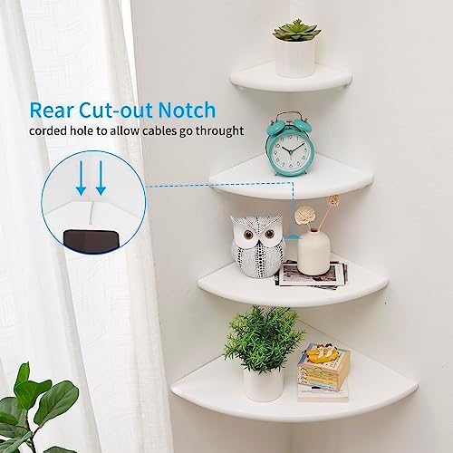 Corner Shelf, White Solid Oak Wood Floating Corner Shelves Wall Mount Round End Floating Speaker Rack Display Shelf for 