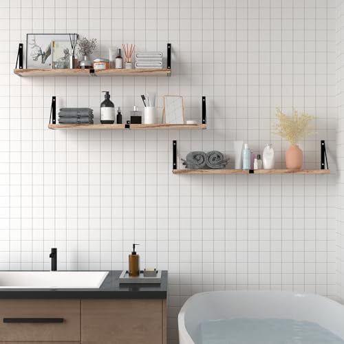 Floating Book Shelves Set of 3, Wall Bookshelf, 33 inch Long Wood Shelf for Wall Storage, Hanging Shelving for Bedroom, 