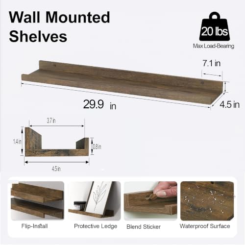 Brown Floating Shelves for Wall Decor, 30 in Shelf with Lip Set of 2