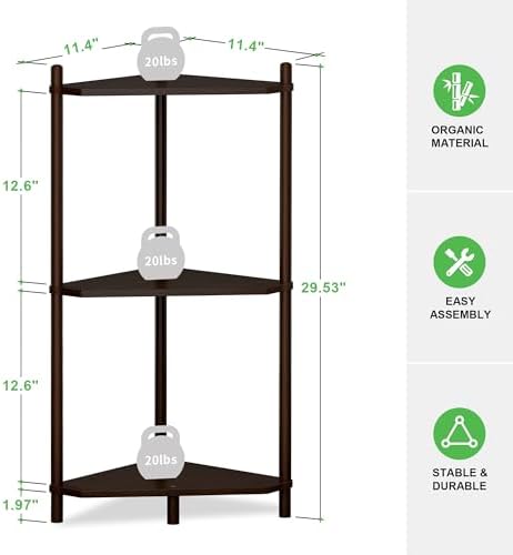 Wisuce Brown Small Corner Shelf Stand, 3-Tier Bamboo Corner Bookshelf