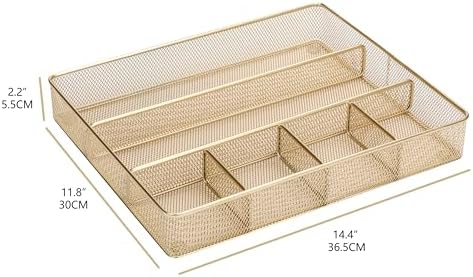 Annova Desk Top Organizer Tray for Office Organization - Metal Mesh - Storage Tray with Dividers for Pens, Desktop Accessories, Bathroom, Kitchen, Makeup and Office Supplies (Large, Gold)