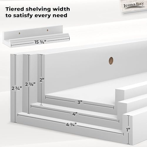 Icona Bay 16 Inch Floating Shelves for Wall - Set of 3 in Powder White - Modern Rustic Style - Wall Mounted Display Shel