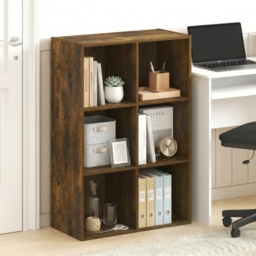 Furinno LUDER Book Shelf, 6-Cube Bookshelf, Bookcase, Amber Pine