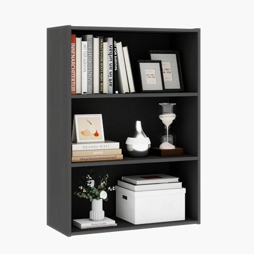 3 Tier Engineered Wood Modern Bookshelf, Wide Bookshelf with Three Wooden Shelves, Storage Book Shelves for Bedroom, Liv