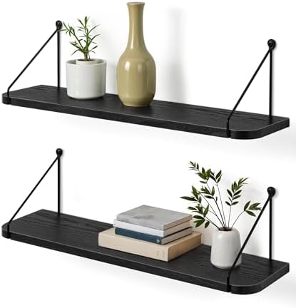 Afuly Black Floating Shelves for Wall, 24in Shelf with Brackets, Set of 2