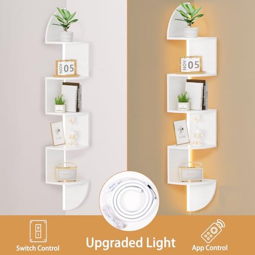 Waipfaru Corner Shelf, 5 Tier Bookshelf with LED Light, Corner Shelf Wall Mounted, Floating Shelves for Wall, Display St