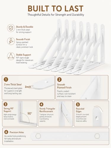 Shelf Brackets Heavy Duty, 8 Pack White 10 inch Floating Shelf Bracket, Max Load 100 lbs of Metal Triangle Decorative Sh