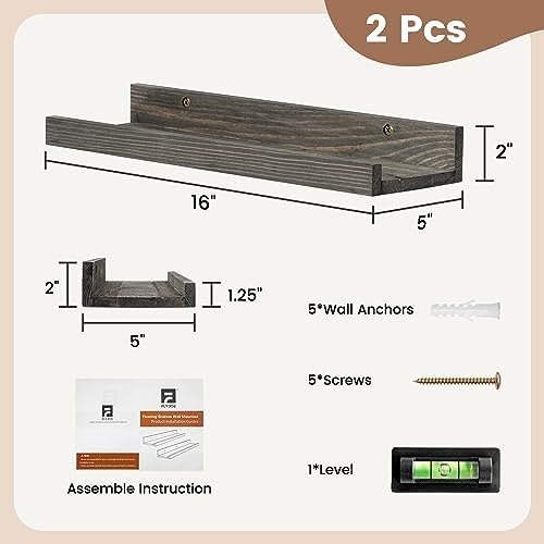 FLYJOE Picture Ledge Wall Shelves 16 inch Width Set of 2, Solid Pine Wood Rustic Floating Ledge Shelves for Wall for Kids' Room Bedroom Kitchen Bathroom Living Room Nursery Display Wall Decor, Grey