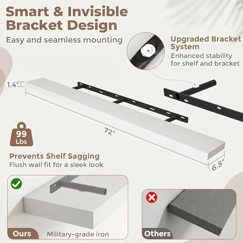 72 Inch Floating Shelves for Wall, 6.5"D Wood Storage Shelves, White Finish