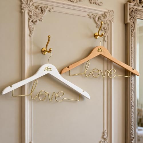 Mr & Mrs Wedding Dress Hanger Set – Bride Hangers for Wedding Dress & Groom Suit, Wooden Bridal Hanger with Love Wire Ba