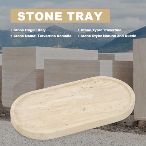 Koville Italian Travertine Tray, 12"x6" Vanity Decorative Marble Tray for Countertop, Catchall Tray for Perfume, Candles