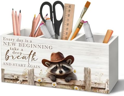 Inspirational Western Cowboy Raccoon Pen Holder Organizer for Desk Accessories, Farmhouse Daisy Floral Raccoon Affirmation Wooden Box Sign Desk Decorations for Home Office Decor