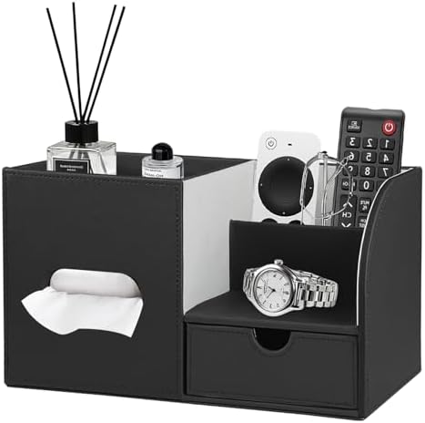 PU Leather Tissue Box Cover Square with Drawer Storage and Tray on Top