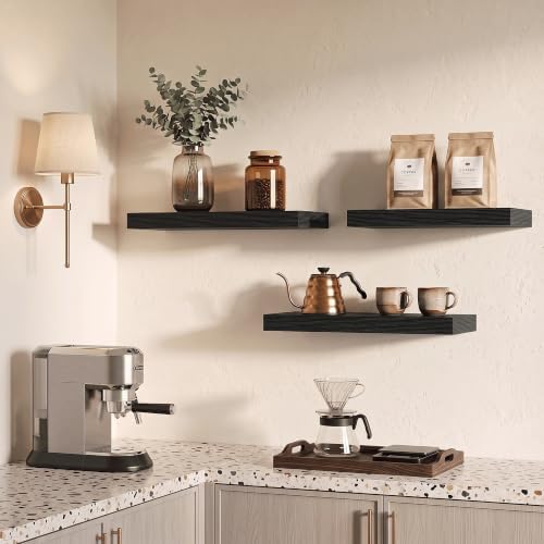 16 Inch Floating Shelves for Bathroom Black, 8" Deep Wall Shelf, Set of 3