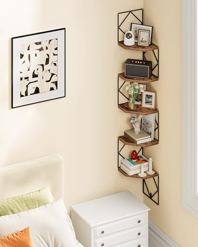 CHOEZON 5-Tier Corner Shelf, Floating Shelf, Wall-Mounted Storage Shelf, Wall Decor, Narrow Corner Bookshelf, for Living