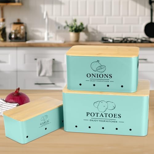Kitchen Vegetable Storage Set of 3, Metal Onion Garlic Potato Storage Set, Kitchen Canisters Vegetable Keeper Containers