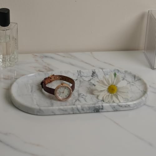 Natural Marble Tray 9.8”x4.7”x0.6” | Hand-Polished Oval Stone Tray for Bathroom Vanity & Jewelry Display – Durable, Uniq