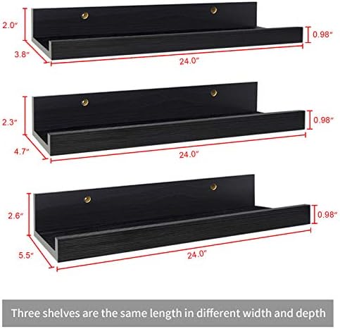 Lavezee 24 Inch Black Wall Mounted Floating Shelves Set of 3, Picture Shelving Ledge for Kitchen, Living Room, Bedroom, 