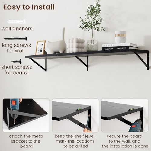 Axeman Floating Shelves for Wall Black- 55 Inch Wide x 12 Inch Deep Wall Shelves Set of 2 - Black Deep Wood Floating She
