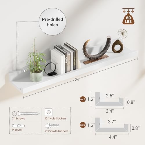 Heimlove Picture Ledge Shelf,24 inch Long Floating Shelves for Wall Set of 4,White Picture Shelf with Lip for Wall Decor