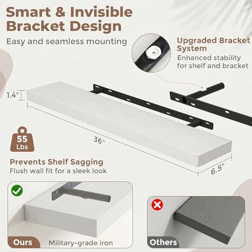 48 Inch Floating Shelves for Wall, 6.5"D Wood Storage Shelves, White Finish