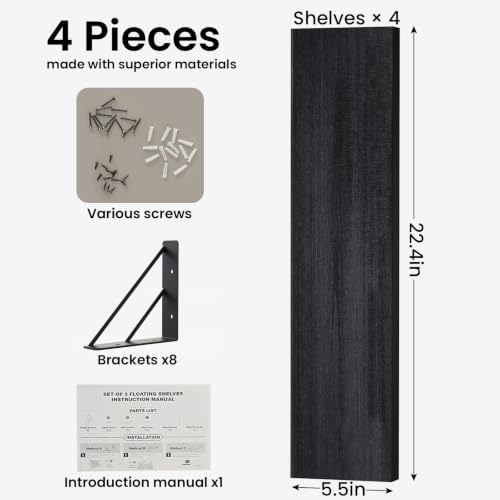BAYKA 22.4 Inch Long Wall Mounted Floating Shelves (Black, Set of 4, 22.4")