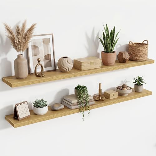 72 Inch Floating Shelves for Wall Set of 2,9.3" Deep Wall Shelves,Rustic Wood Wall Mounted Book Shelves with Invisible B