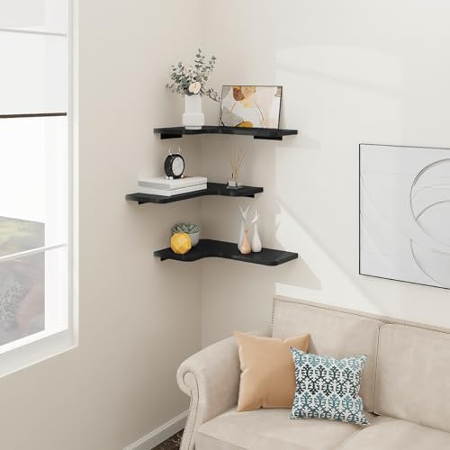 Homode Corner Shelves Wall Mounted, Set of 3 Floating Corner Shelves with Cord Hole, 3 Tier Wooden Hanging Display Shelf