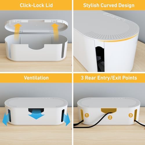 D-Line Cable Management Box, Power Strip Holder, Floor Outlet Hider, Desk Cord Organizer, Cover TV Wires, 12.75" (L) x 5