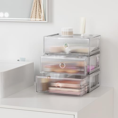 3 Tier Clear Makeup Drawer, PET Cosmetic Storage Organizer for Dresser, Countertop & Bathroom Vanity, Holders for Lipsti