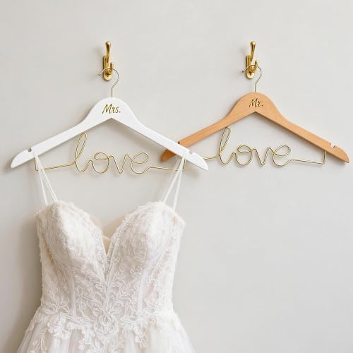 Mr & Mrs Wedding Dress Hanger Set – Bride Hangers for Wedding Dress & Groom Suit, Wooden Bridal Hanger with Love Wire Ba