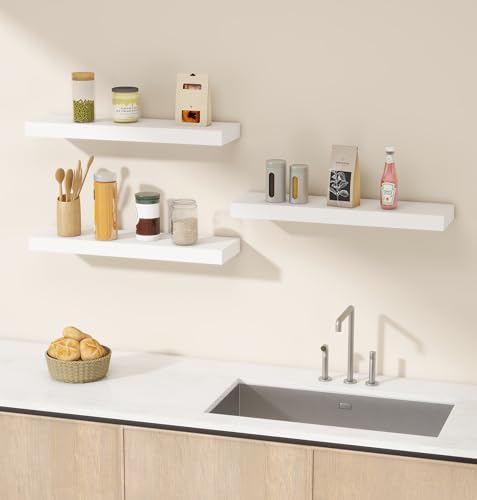 Vervida® White Rustic Floating Wall Shelves 24in Set of 3 Hidden