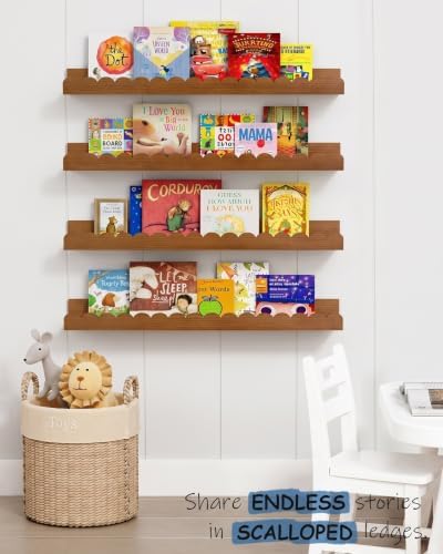 24 inch Scalloped Nursery Floating Book Shelves, Walnut Kids Wall Bookshelf