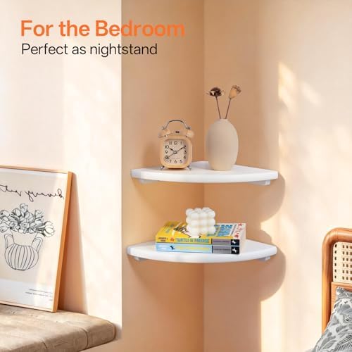 Gieanoo Floating Corner Shelves Set 2 10inch White Solid Oak Rounded Corner Shelves Wall Mounted with Cable Hole Wood Co