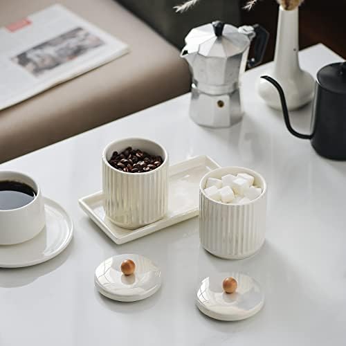 Ceramic Bathroom Canister Set with Coordinating Small Vanity Tray White