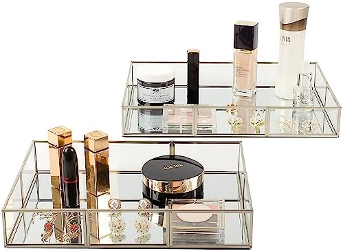 Perfume Vanity Tray With Metal Frame, Gold Bathroom Decorative Tray for Dresser, Jewelry or Home Decoration 2 Pcs (L+S)
