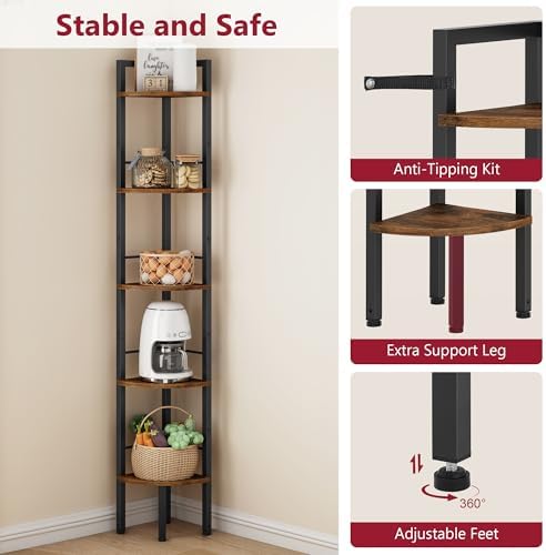 Tajsoon Corner Shelf Stand 5 Tier 60.5" with Metal Frame, Rustic Brown