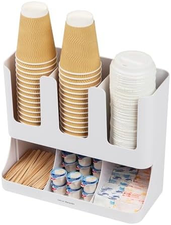 Mind Reader Cup and Condiment Station, 13 Inch Countertop Coffee Bar Organizer with 6 Compartments, Storage Caddy for Cu