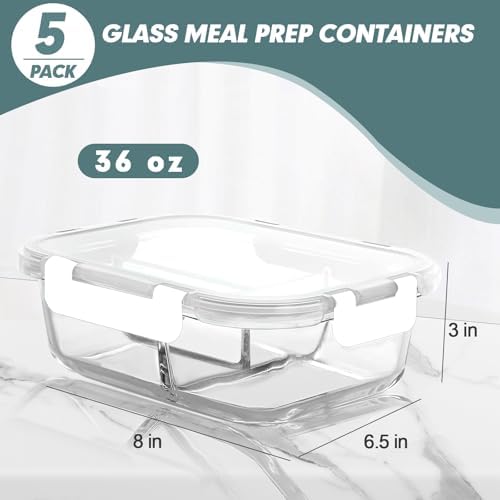 KOMUEE Glass Meal Prep Containers 3 Compartments, 5 Pack 36 oz, White
