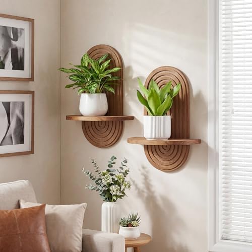 Heiple Set of 2 Boho Arched Floating Shelves 15.7”x 7.8” Plant Wooden Hanging Shelf for Living Room Bedroom Mid Century 