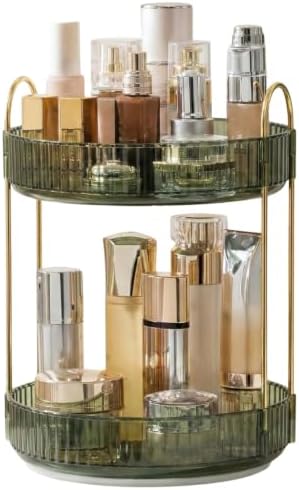 360° Rotating Makeup Organizer, 2 Tier Spinning Cosmetic Organizer for Vanity & Bathroom Countertop, Holds Tall Skincare