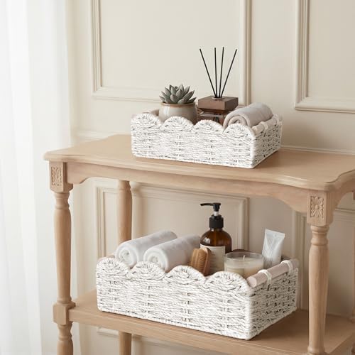iEGrow Paper Rope Small Storage Baskets for Organizing, Set of 2 Scalloped Edge Wicker Basket with Wooden Handles Toilet Paper Basket for Over Toilet Storage Shelf, Home Decor, Living Room (White)