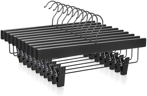 TOPIA HANGER Wooden Pants Hangers 10 Pack, Black Skirt Hangers with Clips and Rotatable Hook, Durable Natural Rubber Wood Organizer for Skirts, Pants, Jeans, Shorts - CTS02B