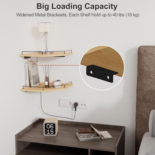 JJL Corner Shelf Wall Mounted, 12 Inches 2-Tier Floating Corner Shelf, Hexagon Rustic Wood Decor with Fence, Natural Woo