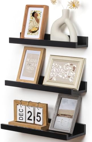 FLYJOE Picture Ledge Wall Shelves 16 inches Width Set of 3, Solid Pine Wood Rustic Floating Ledge Shelves for Wall for Kids' Room Bedroom Kitchen Bathroom Living Room Nursery Display Decor, Black