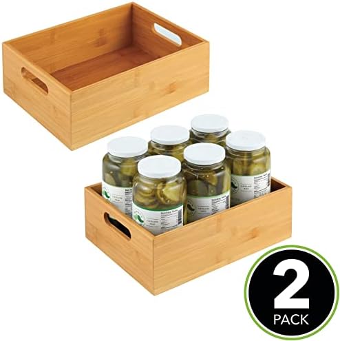 mDesign Kitchen Storage Box - Large Wooden Box with Handles - Bamboo Kitchen Utensil Storage Box - 12" x 9" x 4" - Set o